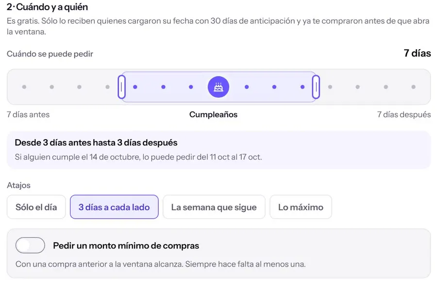 Los atajos de la ventana del regalo de cumpleaños: se toca «Sólo el día», «La semana que sigue», «Lo máximo» y «3 días a cada lado», y la pista y la frase de debajo cambian con cada uno.