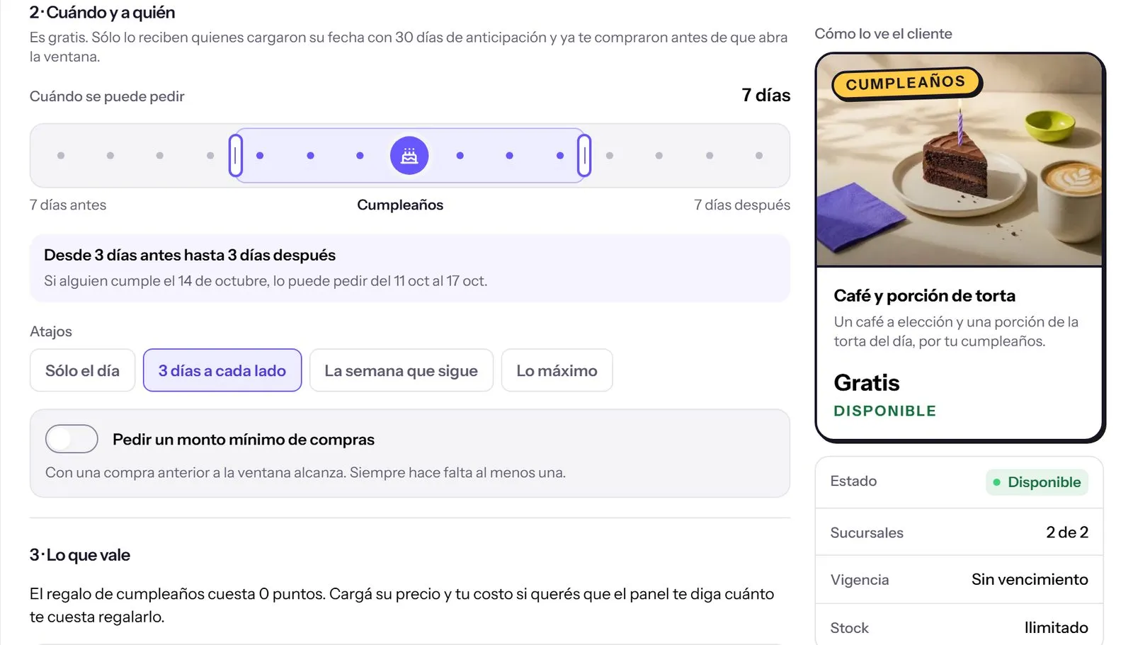 El regalo de cumpleaños de Café Menta en el panel: «Cuándo se puede pedir», con la pista de siete días antes a siete días después y el cumpleaños en el medio, «Desde 3 días antes hasta 3 días después» y los atajos; a la derecha, la tarjeta «Cumpleaños» como la ve el cliente.