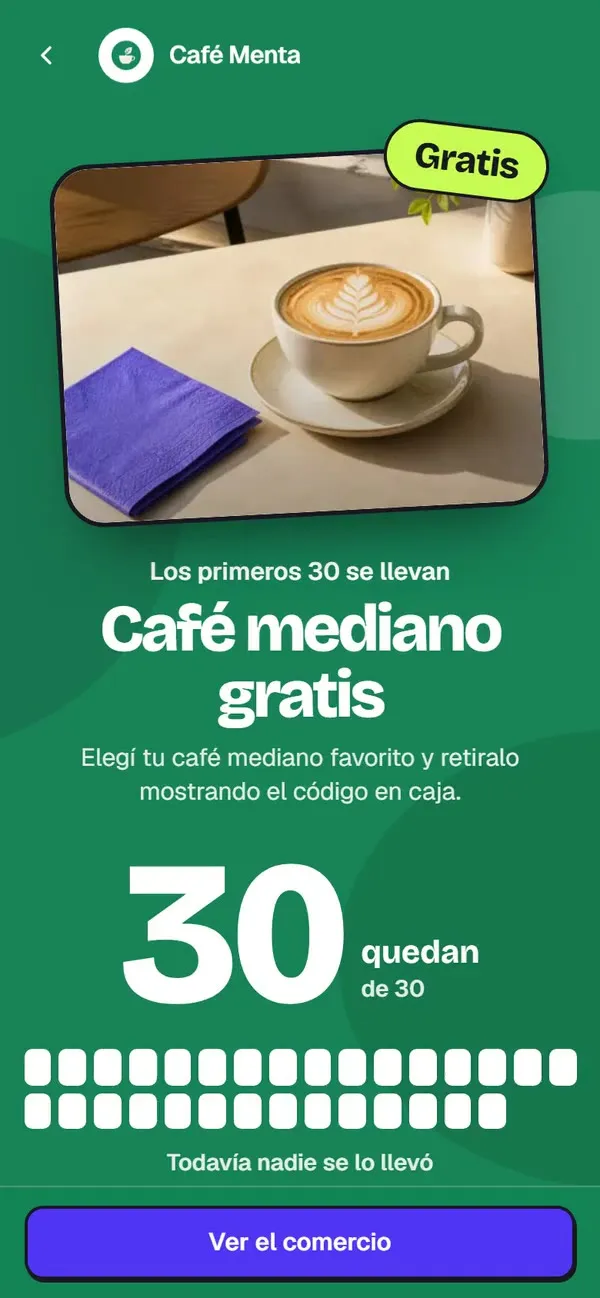 El link del regalo de Café Menta en un teléfono: «Los primeros 30 se llevan Café mediano gratis» y la cuenta, que baja de 30 a 28 con un «−1» en cada entrega.