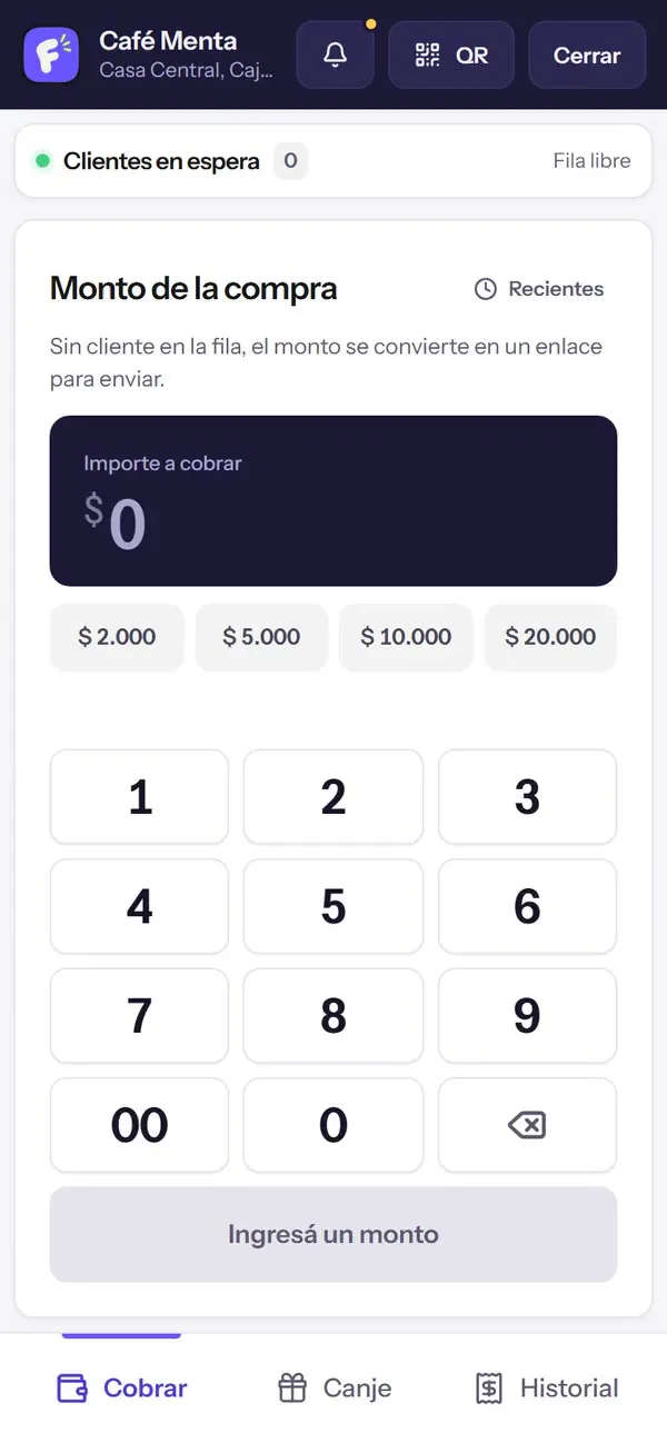 La caja de Café Menta en un teléfono, con la fila libre: se tipea 8.500 en el teclado y el botón pasa de «Ingresá un monto» a «Crear enlace por $ 8.500».