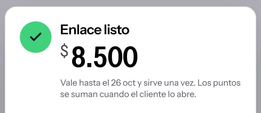 «Enlace listo» en la caja de Café Menta: $ 8.500, «Vale hasta el 26 oct y sirve una vez. Los puntos se suman cuando el cliente lo abre.»