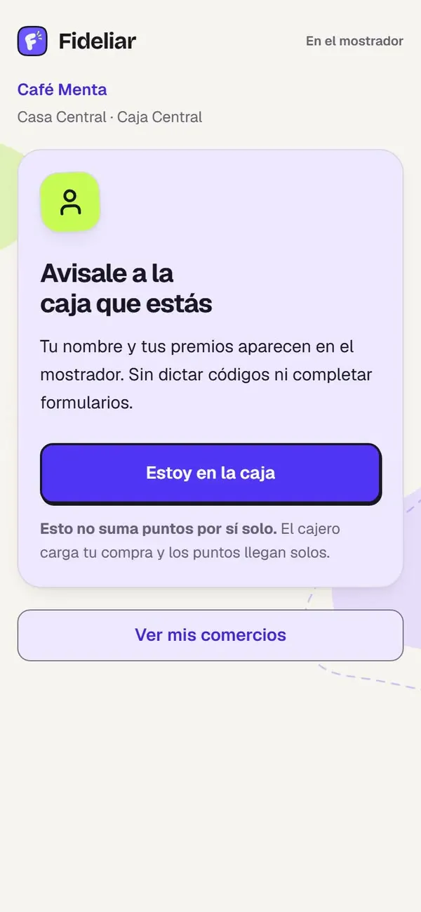 El teléfono de alguien que escaneó el QR de la Caja Central de Café Menta: toca «Estoy en la caja» y pasa a «Ya estás en la fila», con el nombre con el que aparece en la caja y los pasos de la fila.