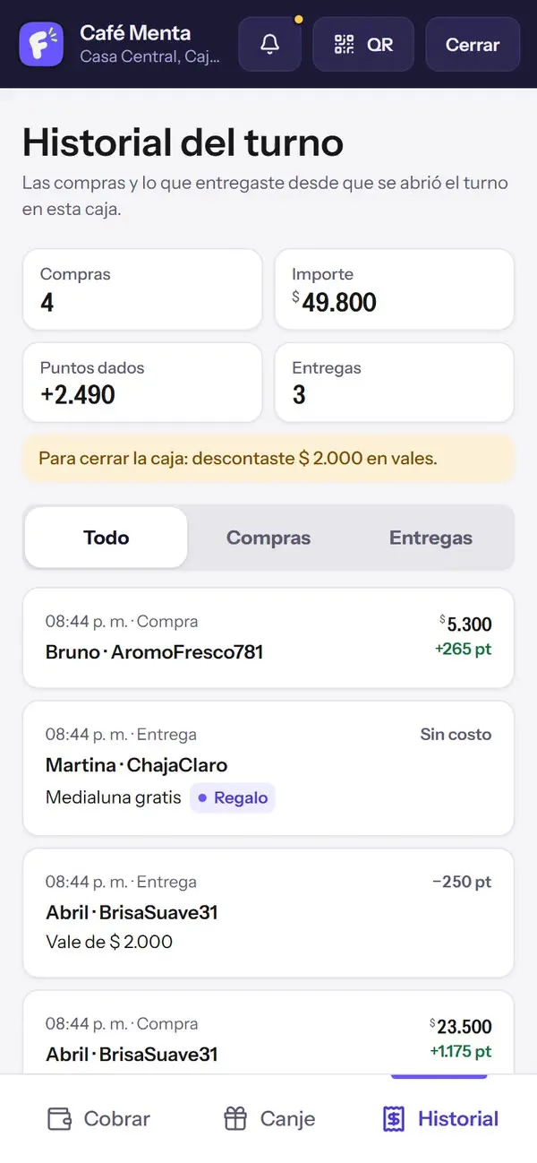 La caja de Café Menta en un teléfono: se toca «Entregas» y quedan la medialuna de regalo, el vale y el café; se toca «Compras» y quedan las cuatro compras; se vuelve a «Todo».