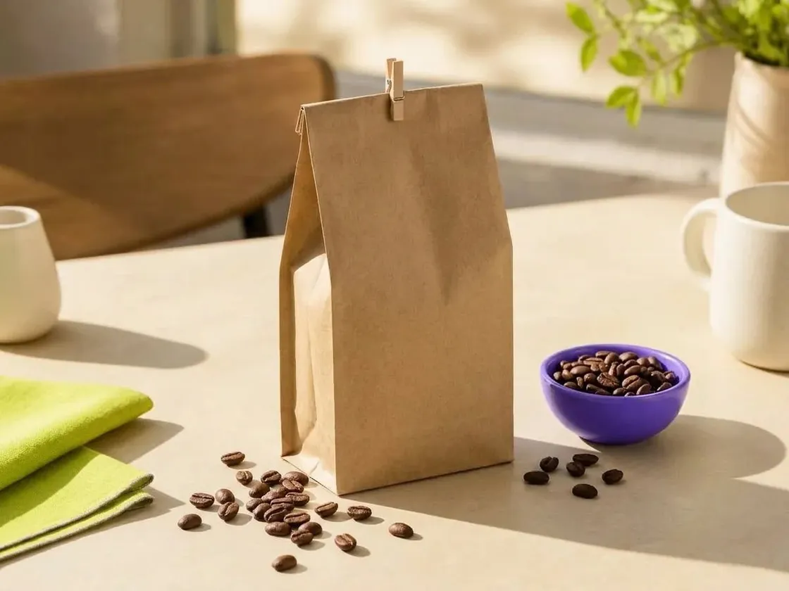 Una bolsa de papel de café en grano, con granos sueltos sobre la mesa.