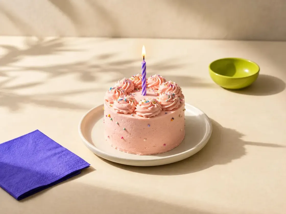 Una torta chica de crema rosa con una vela encendida, sobre una mesa al sol.
