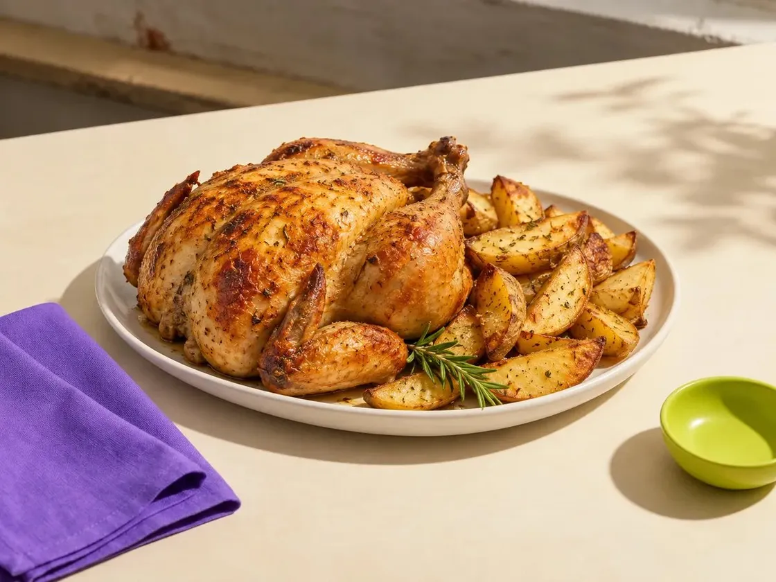 Un pollo al horno con papas, en una fuente sobre la mesa.