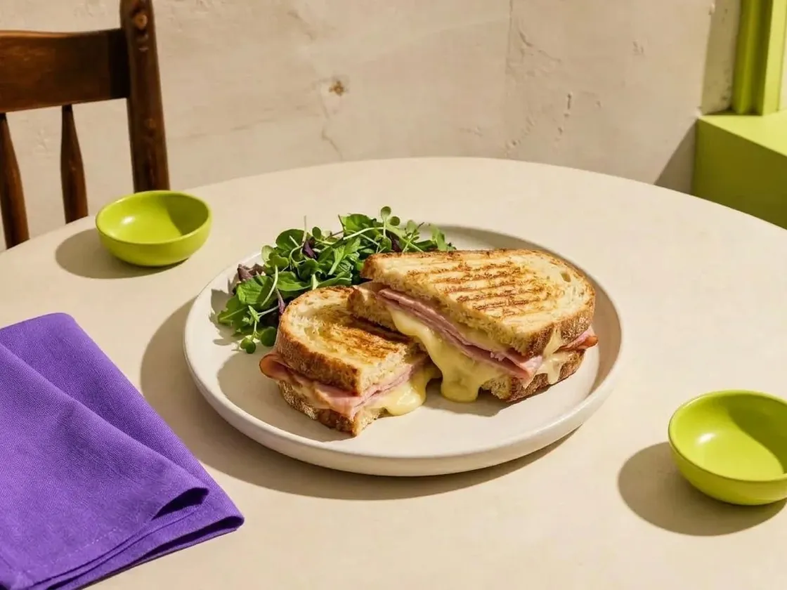 Un tostado de jamón y queso cortado al medio, en un plato con hojas verdes.