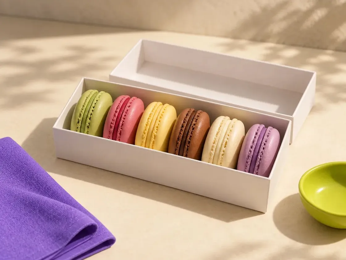 Una caja abierta con seis macarons de colores, sobre una mesa al sol.