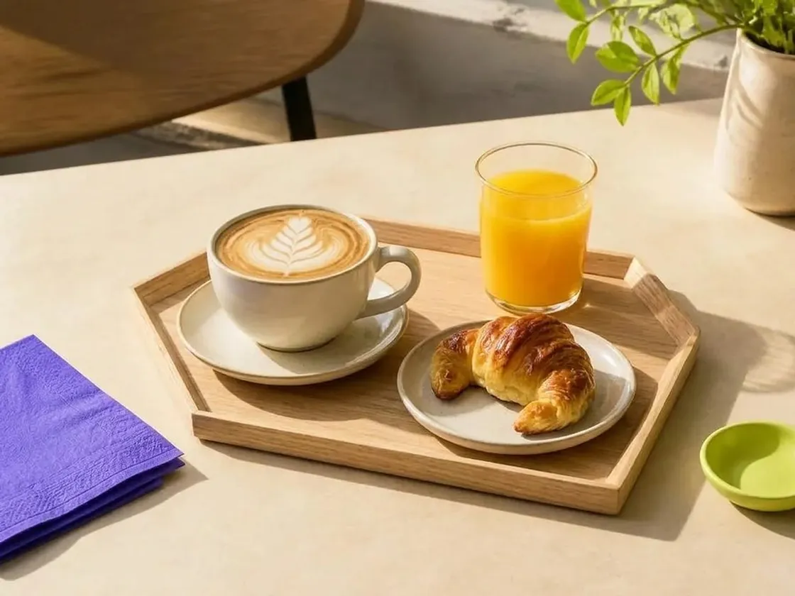 Un combo de desayuno en una bandeja de madera, con café con leche, medialuna y jugo de naranja.