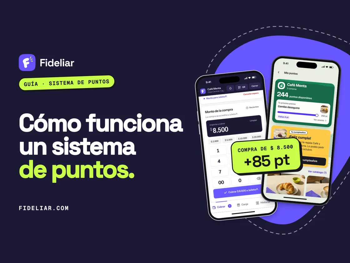 Portada de la guía del sistema de puntos para comercios, con dos teléfonos que muestran la caja cargando el monto y los puntos del cliente.