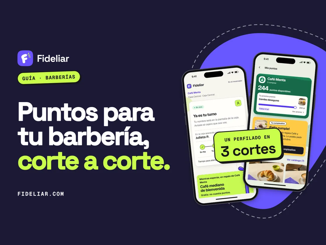 Portada de la guía para barberías y peluquerías, con dos teléfonos que muestran el turno en la caja y los puntos del cliente.