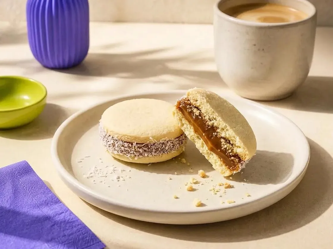 Un alfajor de maicena entero y otro partido al medio, en un plato junto a un café.