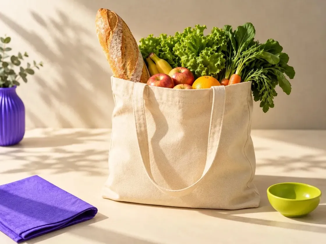 Una bolsa de tela con pan, verduras y frutas, sobre una mesa al sol.