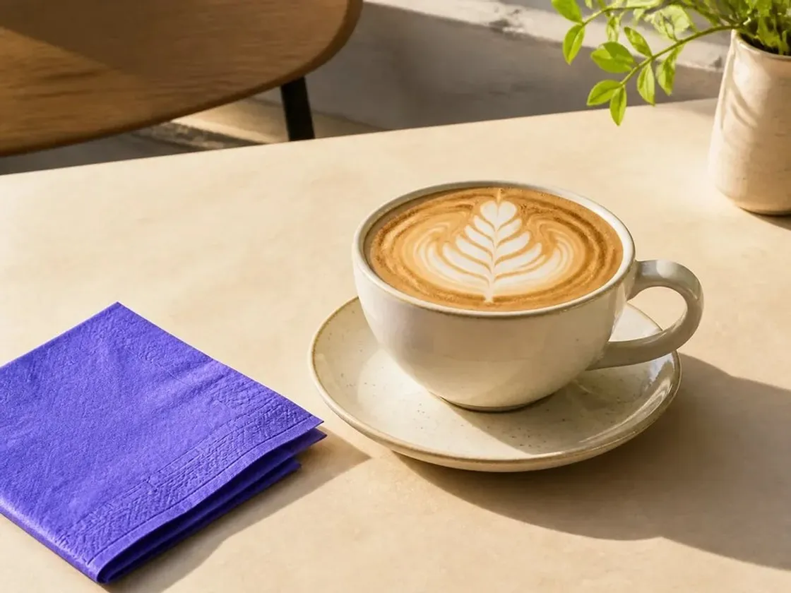 Un café con leche con dibujo en la espuma, sobre una mesa al sol.