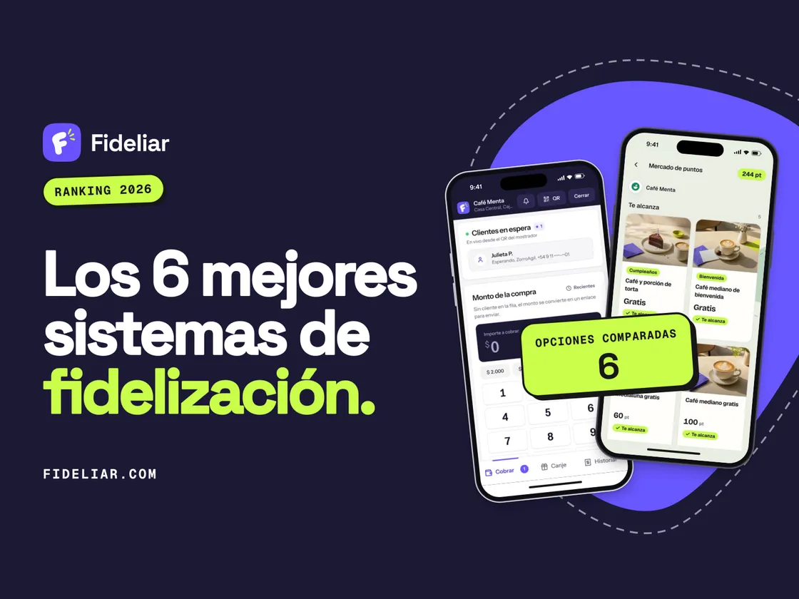 Una caja de comercio con un cliente que acaba de escanear el cartel y un teléfono con sus puntos, sobre fondo violeta.
