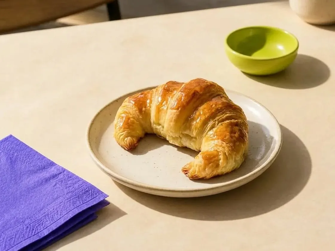 Una medialuna sobre un plato, en la mesa de un café.