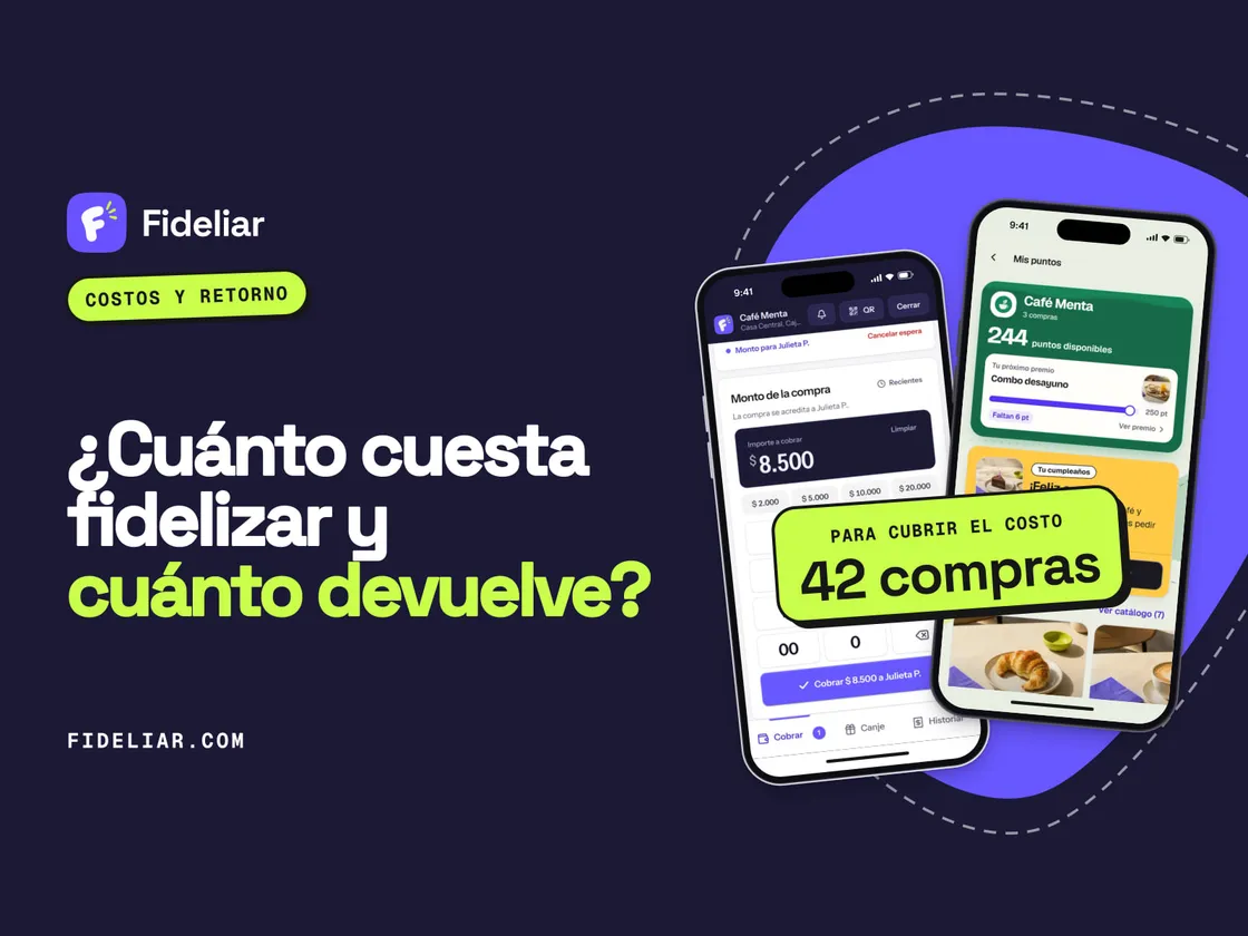 Una calculadora y un teléfono con un saldo de puntos sobre el mostrador de un comercio, sobre fondo violeta.