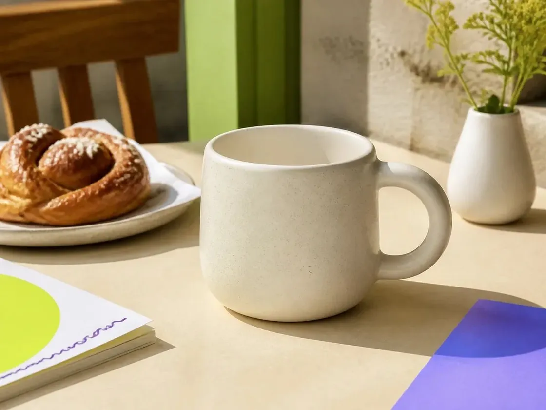 Una taza blanca y un caracol de hojaldre sobre la mesa de un café, con luz de ventana.