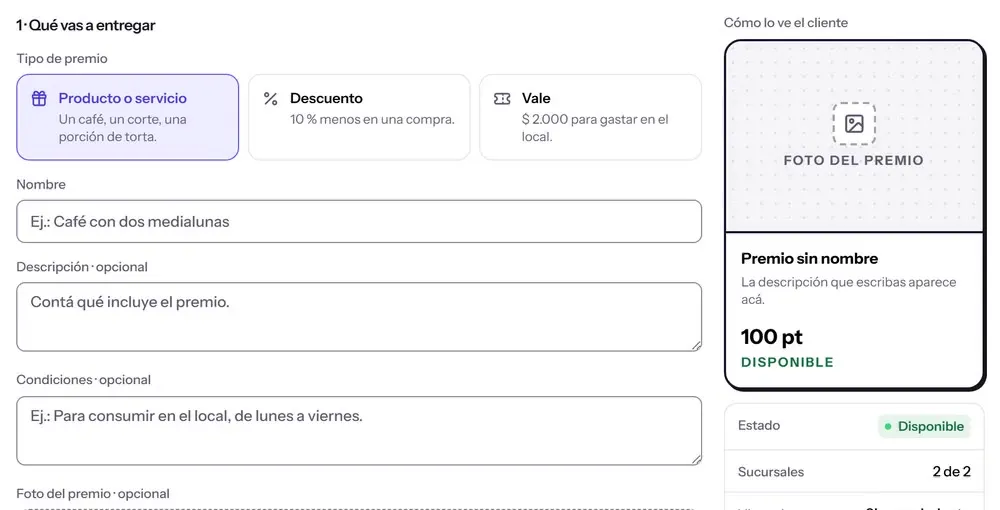 El formulario de premio nuevo en el panel: se elige «Descuento» y la vista previa muestra «10 %», se pasa a 15 %, se elige «Vale», se escribe 2000 y la vista previa muestra «$ 2.000».