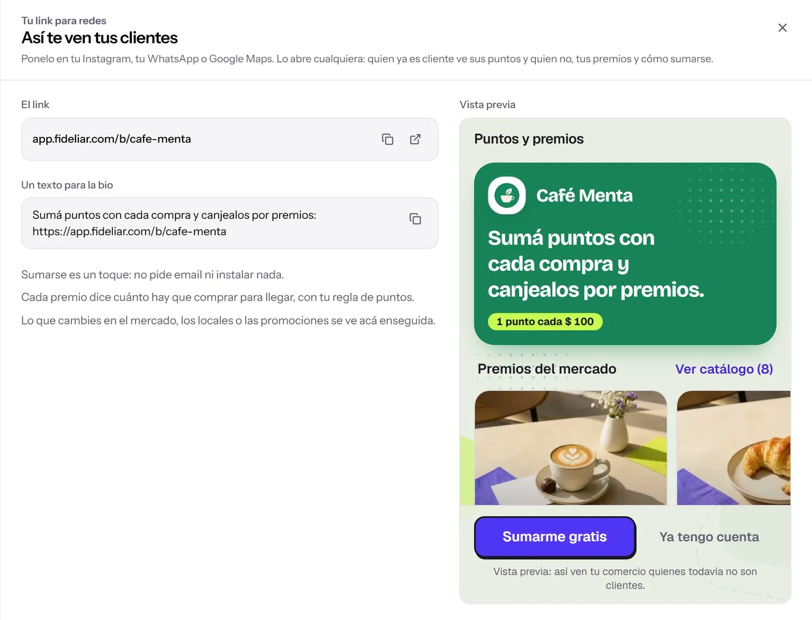 «Tu link para redes» abierto en el panel de Café Menta: el link app.fideliar.com/b/cafe-menta, el texto para la bio con su botón para copiar y, a la derecha, la vista previa de la vitrina con «Sumá puntos con cada compra y canjealos por premios» y los premios.