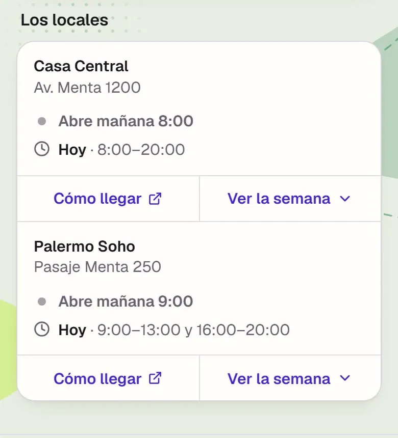 La tarjeta de los locales de Café Menta en un teléfono: se toca «Ver la semana» en Palermo Soho, aparecen los siete días con su hora de apertura y, al tocar el sábado, «Sábado · 9:00–13:00 y 16:00–20:00».