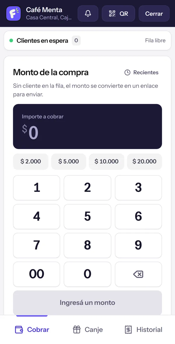 La caja de Café Menta sin nadie en la fila: «Sin cliente en la fila, el monto se convierte en un enlace para enviar».
