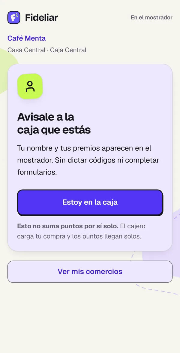 El celular de la clienta después de escanear el QR de Café Menta: «Avisale a la caja que estás» y el botón «Estoy en la caja».