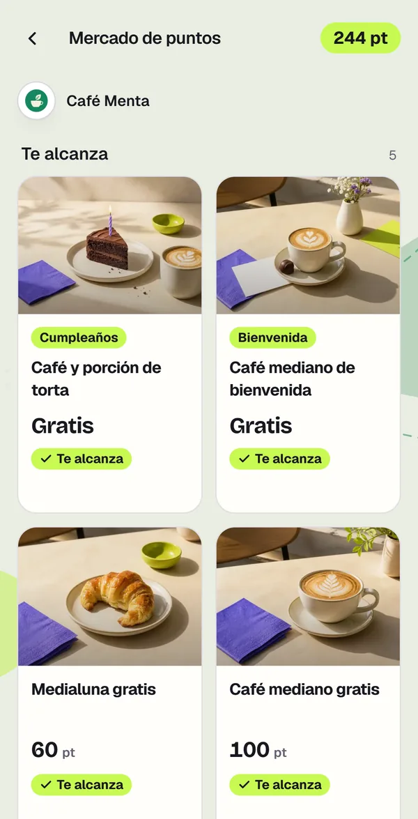 El Mercado de puntos de Café Menta en el celular de la clienta: tiene 244 puntos y le alcanzan cinco premios, entre ellos el café con torta de cumpleaños, el café mediano de bienvenida, la medialuna de 60 y el café mediano de 100.