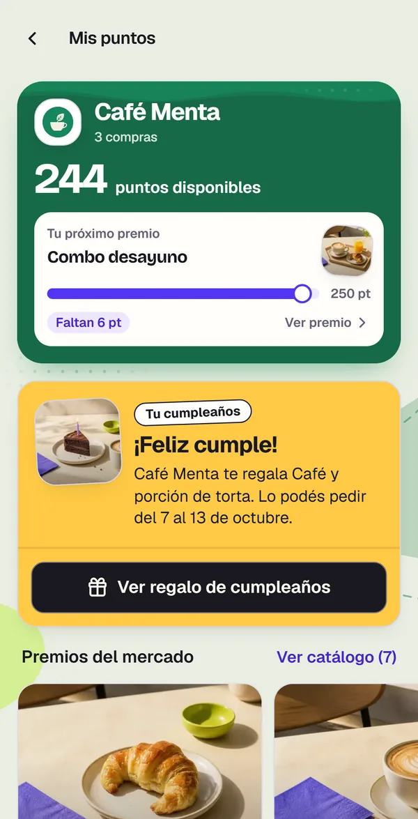 Los puntos de la clienta en Café Menta: 244 puntos disponibles en 3 compras y su próximo premio, un combo desayuno de 250 puntos, al que le faltan 6.
